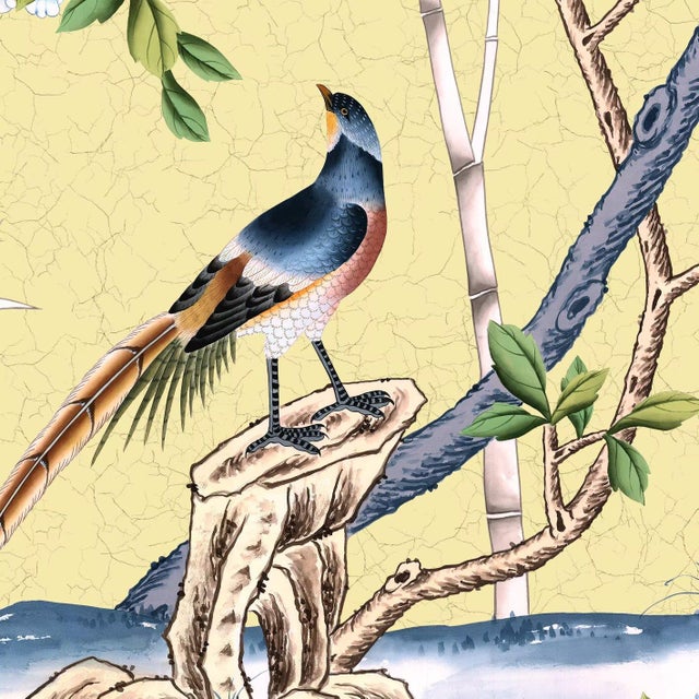 Not Yet Made - Made To Order 36" * H100"/Panel * 5ps, Pale Yellow Floral and Bird Wallpaper, Chinese-Style Floral and Bird Wallpaper Mural, 5 Panels For Sale - Image 5 of 6