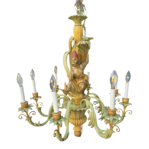 Vintage Italian Carved Wood Palm Beach Regency Style 8 Light Monkey Palm Tree Chandelier