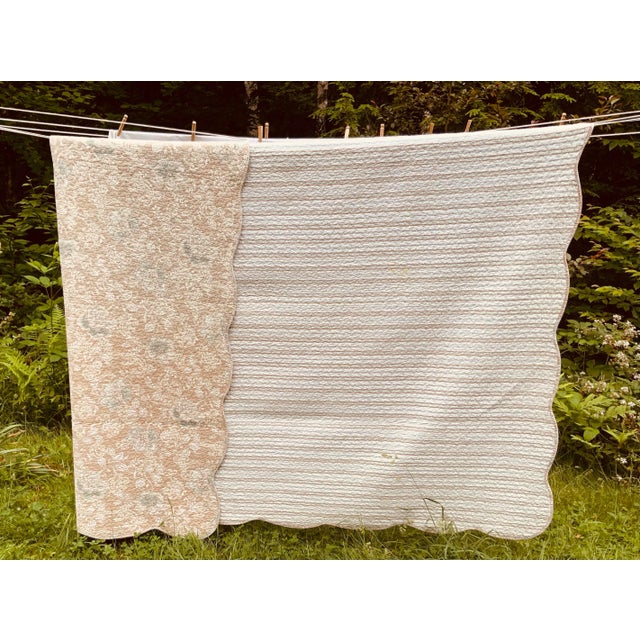 Textile Vintage French Boutis Quilt, Pastel Floral Toile & Stripe, Queen Size For Sale - Image 7 of 12