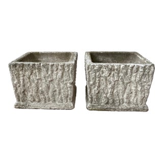 Pair of Faux Bois Concrete Planters | Vintage Rustic Modern Garden Cachepots For Sale