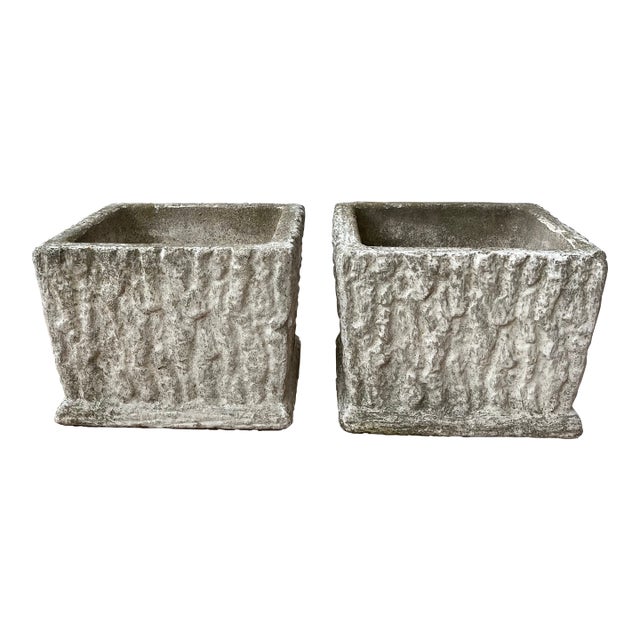 Pair of Faux Bois Concrete Planters | Vintage Rustic Modern Garden Cachepots For Sale