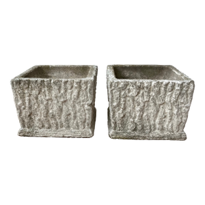 Pair of Faux Bois Concrete Planters | Vintage Rustic Modern Garden Cachepots