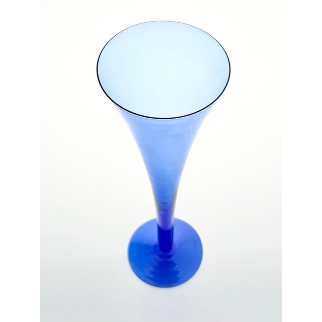 1970s Vintage Hollow Stem Cobalt Blow Fluted Champagne Glasses - a Pair For Sale - Image 4 of 5