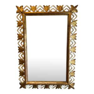 1960 Italian Hollywood Regency Giltwood Mirror With Hand-Carved Geometric & Floral Frame