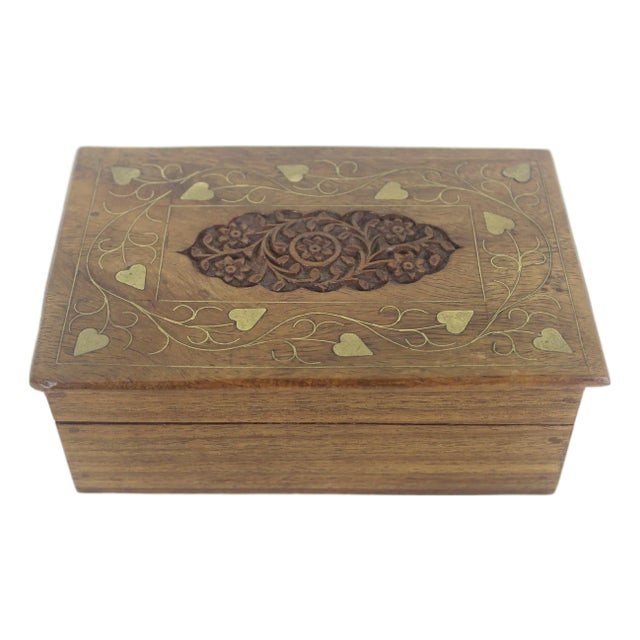 Vintage Carved Wood Box, Brass Inlay Indian Indo, Lidded, Wooden Carving, Floral Hinged Lid Box, Brown Wood Trinket For Sale