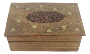 Vintage Carved Wood Box, Brass Inlay Indian Indo, Lidded, Wooden Carving, Floral Hinged Lid Box, Brown Wood Trinket