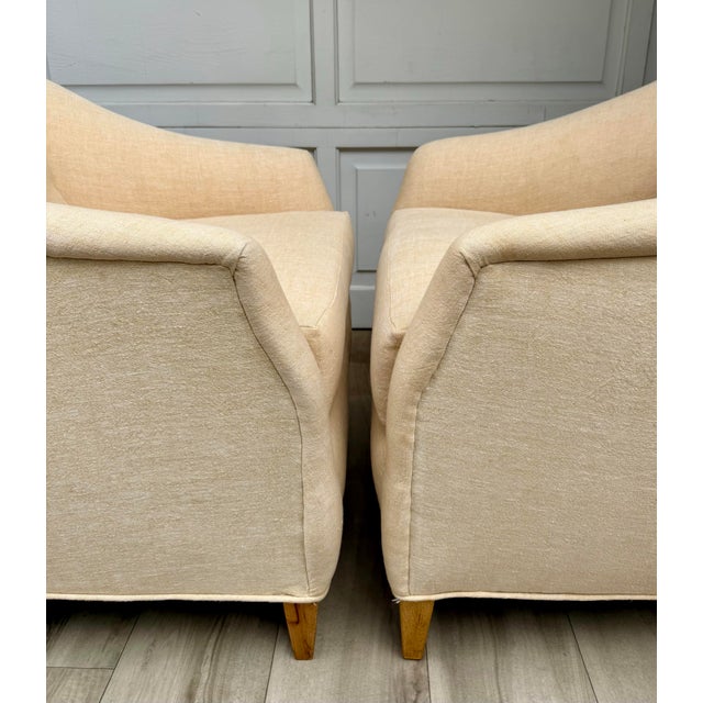 Pair of Vintage Curved Barrel Chairs in Pale Apricot Linen Blend For Sale - Image 9 of 16