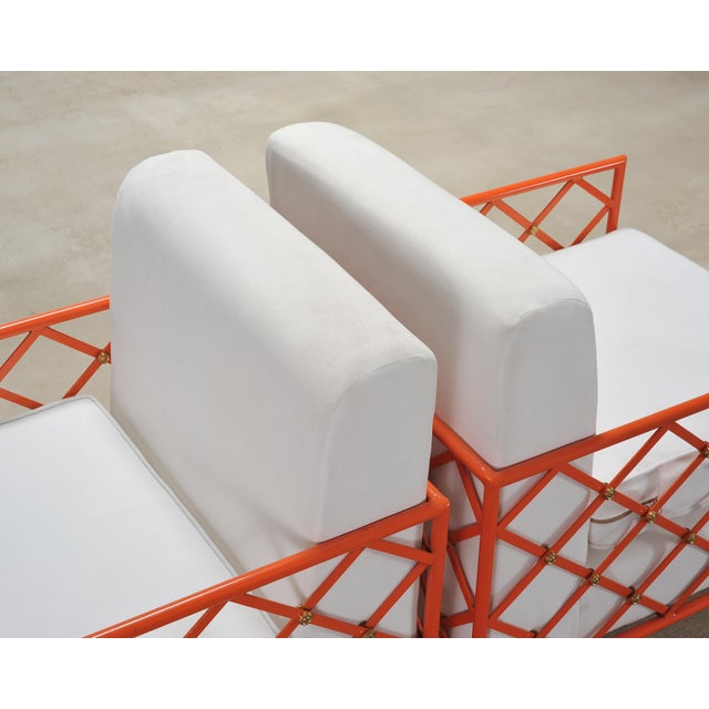 Orange Pair of French Maison Jean Orange Iron Lattice Lounge Chairs For Sale - Image 8 of 18