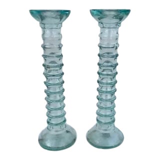 ( Set of 2 ) Mediterranean Ribbed Green Glass Candlesticks or Vases For Sale