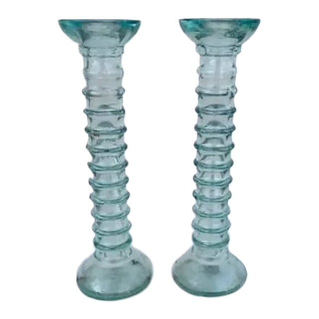 ( Set of 2 ) Mediterranean Ribbed Green Glass Candlesticks or Vases For Sale