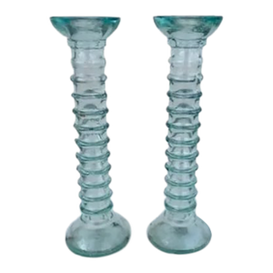 ( Set of 2 ) Mediterranean Ribbed Green Glass Candlesticks or Vases