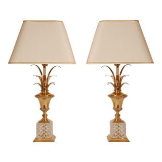 1970s Mid Century French Table Lamps Crystal and Gold Brass Reed Modern Lamps - A Pair For Sale