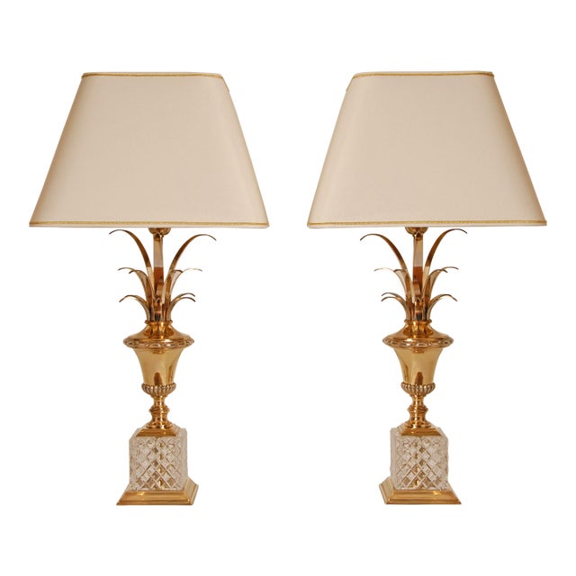 1970s Mid Century French Table Lamps Crystal and Gold Brass Reed Modern Lamps - A Pair For Sale