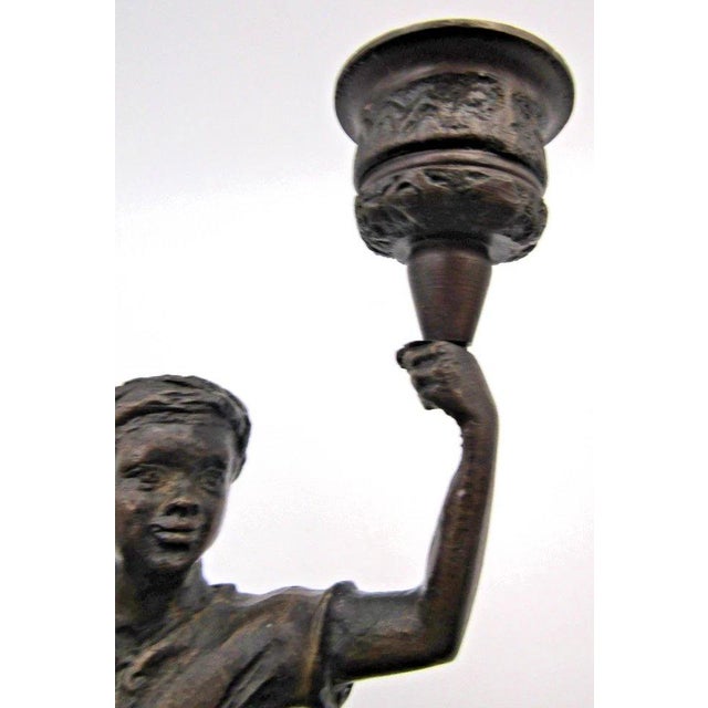 Baroque Matched Pair of Vintage Boho Patinated Bronze Boy Torchbearer Candle Holders For Sale - Image 3 of 9
