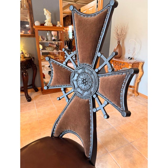 Gothic Iron Cross Gothic Accent Chair in Brown Velvet and Leather With Nailhead Trim For Sale - Image 3 of 8