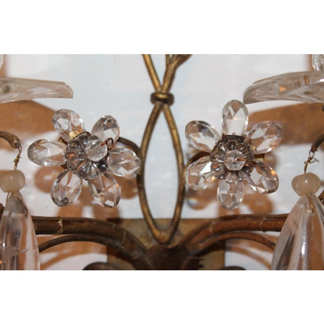 Metal Exceptional Maison Bagues France Rock Crystal Floral Two-Light Wall Sconces a - Pair For Sale - Image 7 of 11