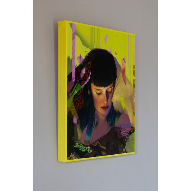 Contemporary Y los sueños, sueños son by Jessica Oliveras | Oil on linen Portrait of a woman with colorful elements. For Sale - Image 3 of 3