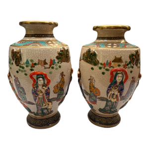Pair of Antique Japanese, Late Meiji Period Crackled Glaze Satsuma Figural Motif Vase