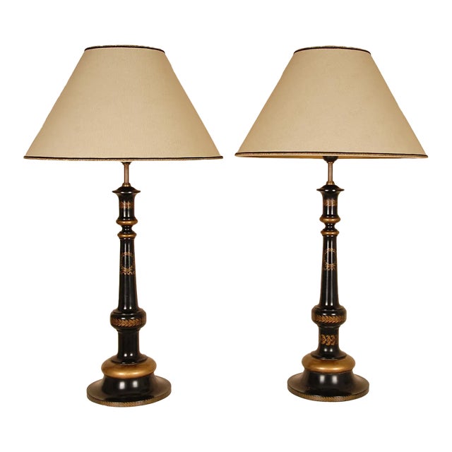 Vintage English Table Lamps Gold Ebonised Black Column Lamps - A Pair For Sale