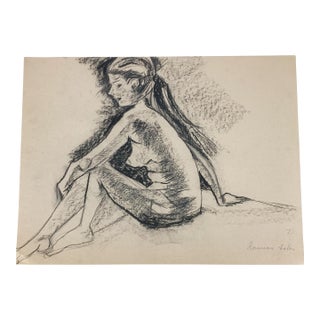 Vintage Original Female Charcoal Paper Drawing Nude Art Signed Rosemarie Hahn For Sale