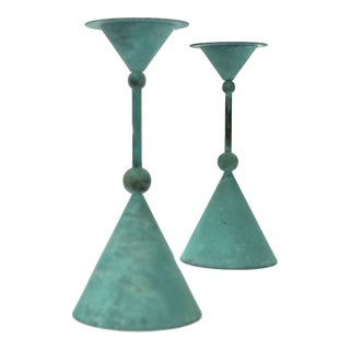 1980s Geometric Verdigris Candle Holders - a Pair For Sale