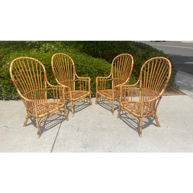 Vintage Rattan High Back Windsor Armchairs, a Set of 4 in the Style of Franco Albini For Sale In San Diego - Image 6 of 9