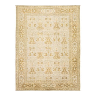 Elegant Golden Ivory Modern Oushak Style Hand-Knotted Wool Rug 10x14 For Sale