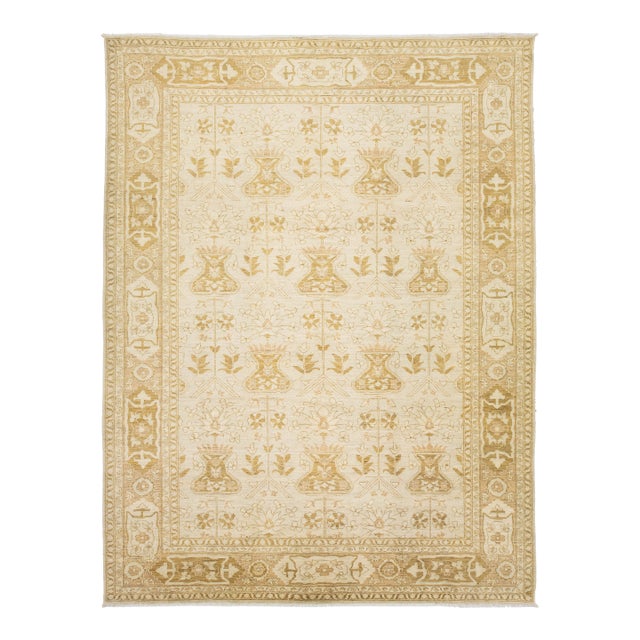 Elegant Golden Ivory Modern Oushak Style Hand-Knotted Wool Rug 10x14 For Sale