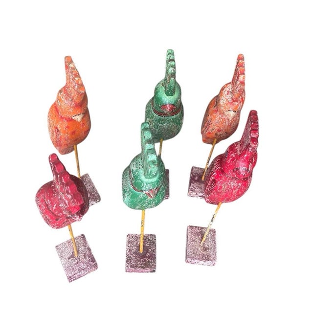 2000 - 2009 Vintage Indian Hand-Carved & Painted Wooden Parrots on Stands - Set of 6 For Sale - Image 5 of 11