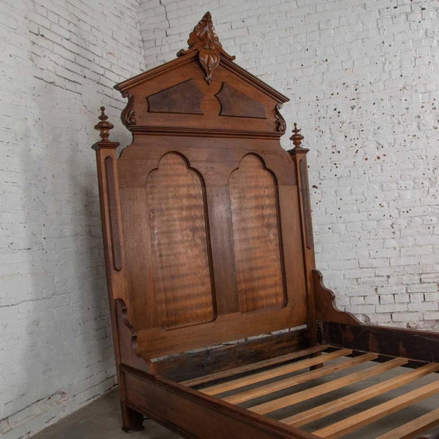 Antique Victorian Full Size Bed Tall Lincoln Style Walnut & Burl Walnut Hand Carved For Sale - Image 6 of 13