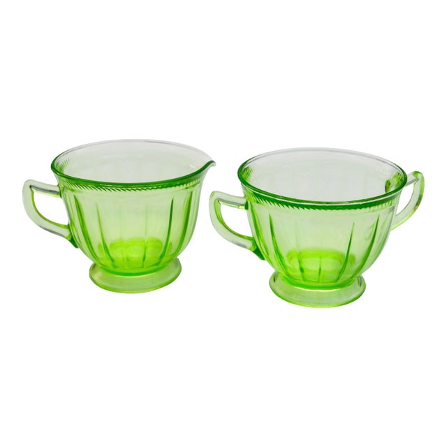 Early 20th Century Handblown Green Fluorescent Glass-Art Sugar & Creamer- 2 Pieces For Sale