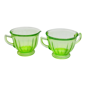 Early 20th Century Handblown Green Fluorescent Glass-Art Sugar & Creamer- 2 Pieces