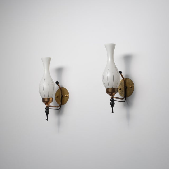 Italian Brass, Black Lacquered Metal and Opaline Glass Wall Sconces, 1950s, Set of 2 For Sale - Image 10 of 10