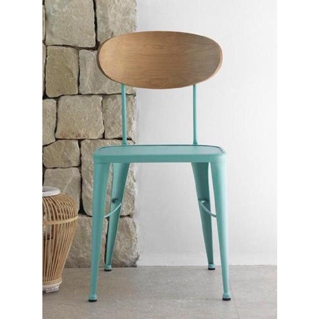 2010s New Industrial Wrought Iron Shop Stool With Wooden Seat and Back For Sale - Image 5 of 11
