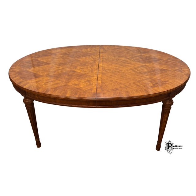 Vintage Drexel Heritage Laurette Collection French Provincial Style Mahogany Parquet Extension Dining Table For Sale In Greensboro - Image 6 of 12