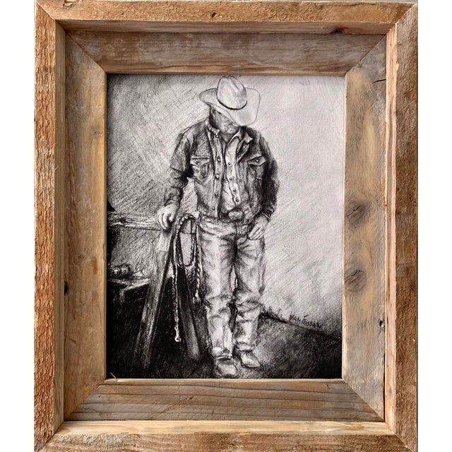 This artwork depicts a solitary figure in a cowboy hat, standing thoughtfully beside a stable, exuding a sense of quiet...