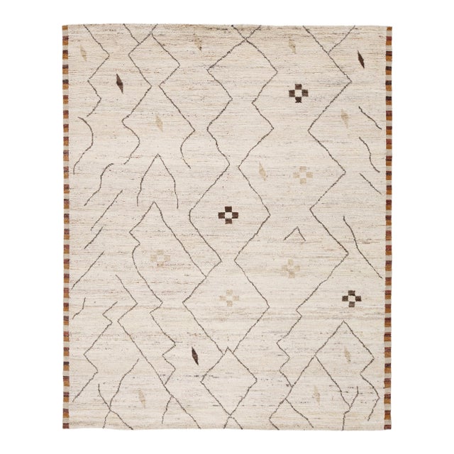 8x10 Modern Moroccan Tribal Wool Rug – Minimalist Cream & Earth Tone Geometric For Sale