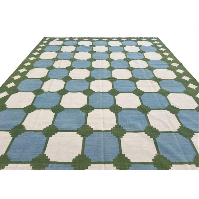 Textile Handmade Woolen Rug, Sky Blue With Cream and Moss Green Border Tile Dhurrie - 10'x14' For Sale - Image 7 of 11