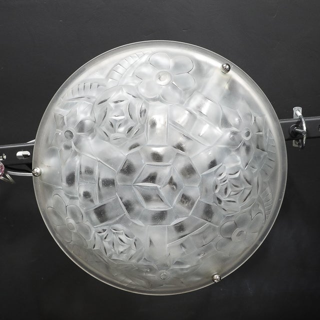 Art Deco Frosted Glass Floral Cubist Chandelier W/ Chrome Fittings Signed Degué For Sale - Image 17 of 18
