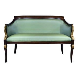 French Empire Style Curved Walnut Settee With Dolphin Arms, New Green Silk For Sale