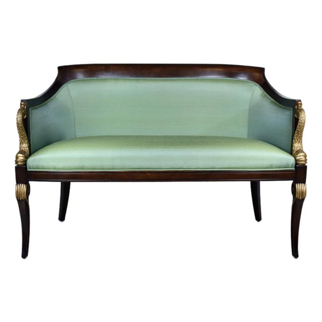 French Empire Style Curved Walnut Settee With Dolphin Arms, New Green Silk For Sale