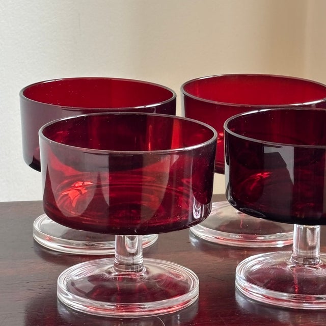 Mid 20th Century Vintage French Luminarc Ruby Red Coupe Glasses — Set of 6 For Sale - Image 5 of 11