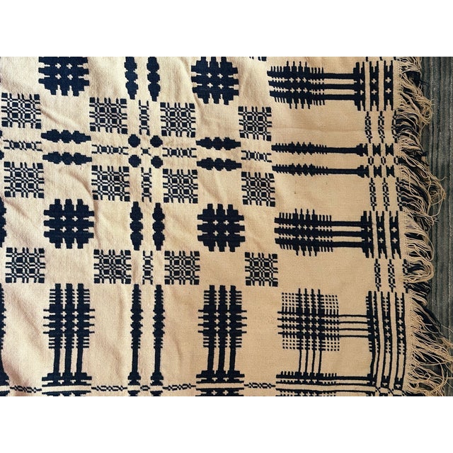 Antique 19th Century Hand Loom Woven Blue and White Coverlet For Sale - Image 12 of 16