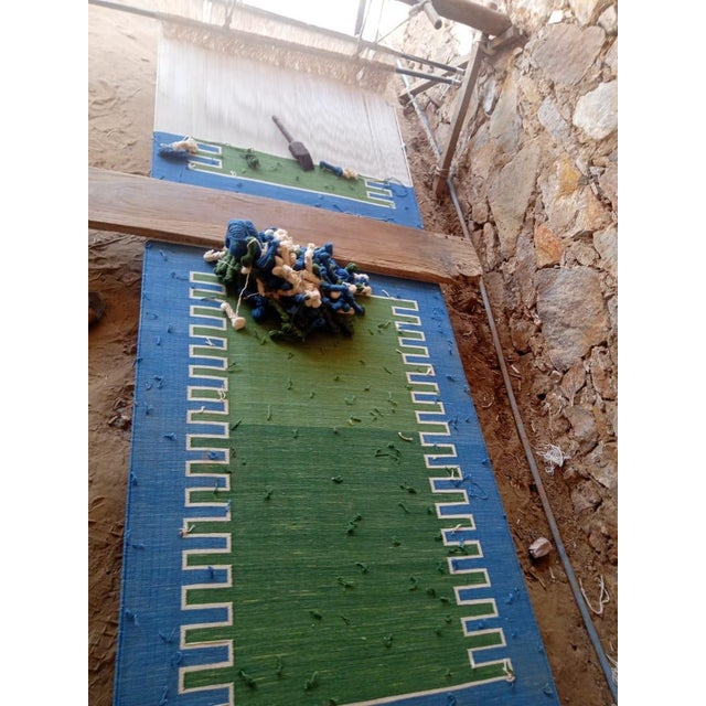 Textile Handmade Cotton Vegetable Dyed Rug, Forest Green, White and Blue Zig Zag Striped Dhurrie-12'x15' For Sale - Image 7 of 12