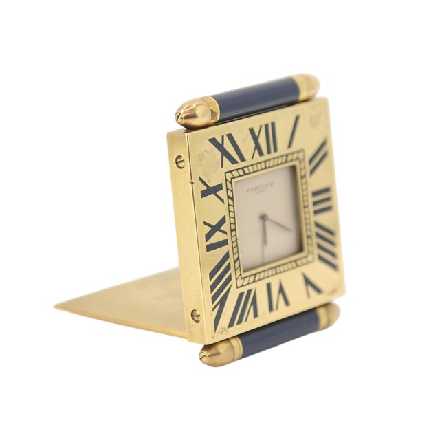Folding Quartz Movement Alarm Clock in Gilt Metal and Blue Enamel from Cartier, 1980s, Set of 2 For Sale - Image 11 of 14