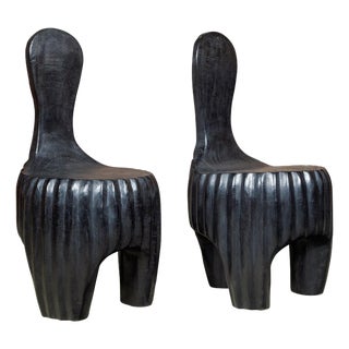 Mid 20th Century Sculptural Pair of Midcentury African Wood Spoon Back Black Chairs For Sale