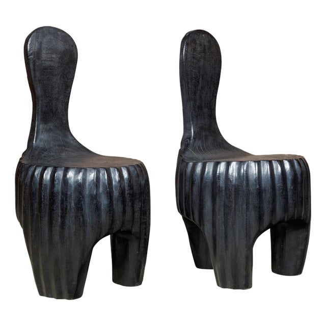 Mid 20th Century Sculptural Pair of Midcentury African Wood Spoon Back Black Chairs For Sale