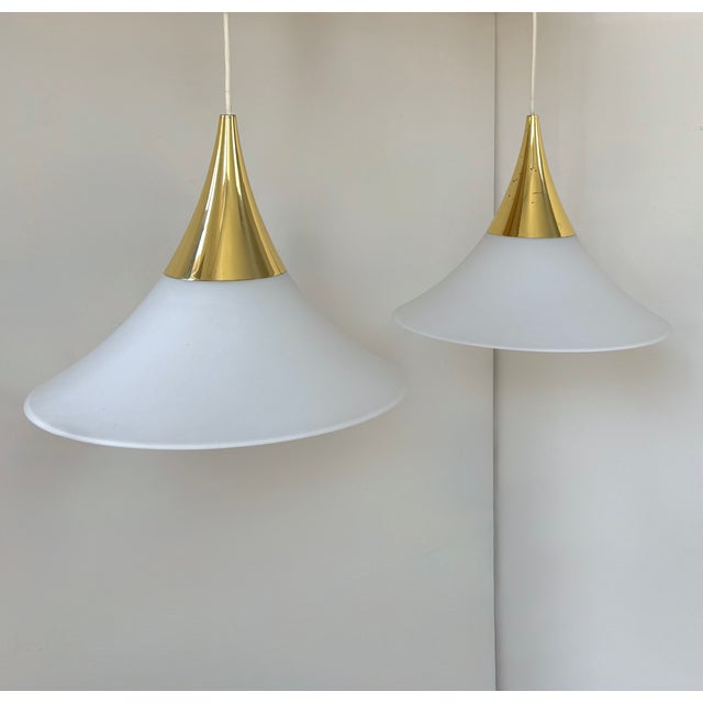 1970s Pendant Lights in Brass and Opaline Glass from Limburg, Germany, 1970, Set of 2 For Sale - Image 5 of 8