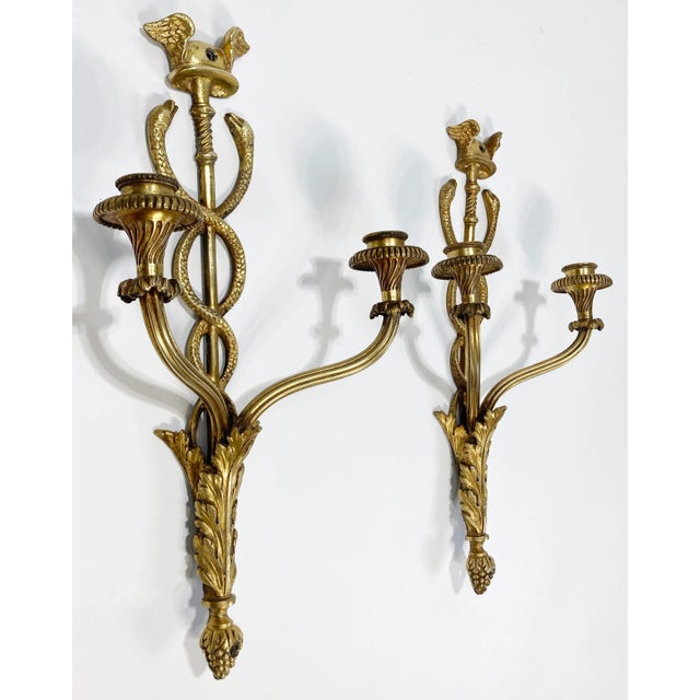 Art Deco Vintage Caduceus Medical Symbol Brass Candle Wall Sconces, Pair For Sale - Image 3 of 6