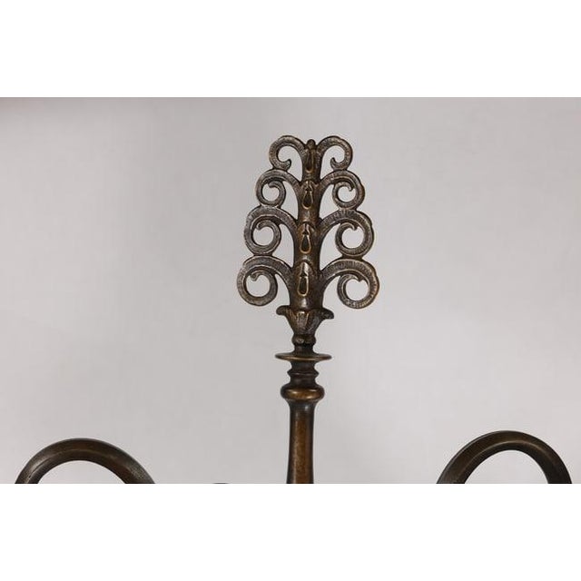 1910s 1910s Signed Oscar Bach Bronze 2-Light Table Lamp With Quality Art Glass Shades, Good Patina For Sale - Image 5 of 15